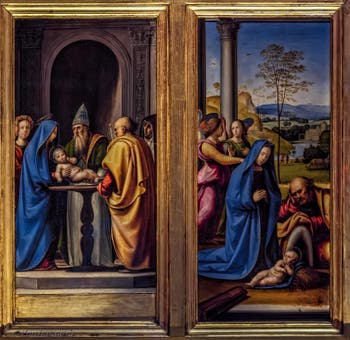 Fra Bartolomeo, Adoration de l'enfant, présentation de Jésus au temple, Annonciation, tabernacle del Pugliese, 1497, Galerie des Offices Uffizi à Florence en Italie