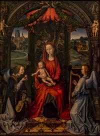 Hans Memling, Vierge à l'enfant en trône et anges musiciens, 1480, à la Galerie des Offices, les Uffizi à Florence en Italie