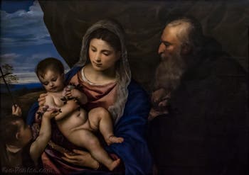 Le Titien, Vierge des roses avec l'Enfant Jésus, saint Jean enfant et saint Antoine abbé, 1520-1530, Galerie Offices Uffizi, Florence Italie
