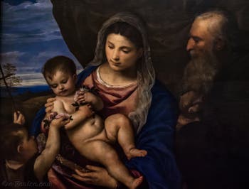 Le Titien, Vierge des roses avec l'Enfant Jésus, saint Jean enfant et saint Antoine abbé, 1520-1530, Galerie Offices Uffizi, Florence Italie