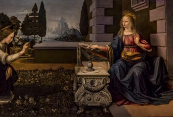 Léonard de Vinci, Annonciation, 1472, Galerie Offices Uffizi, Florence Italie