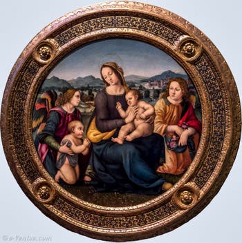 Lorenzo di Credi, Vierge à l'enfant, Saint-jean et les anges, 1500-1520, à la Galerie des Offices, les Uffizi à Florence en Italie