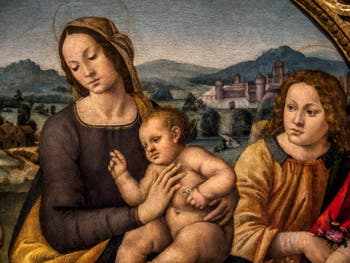 Lorenzo di Credi, Vierge à l'enfant, Saint-jean et les anges, 1500-1520, à la Galerie des Offices, les Uffizi à Florence en Italie