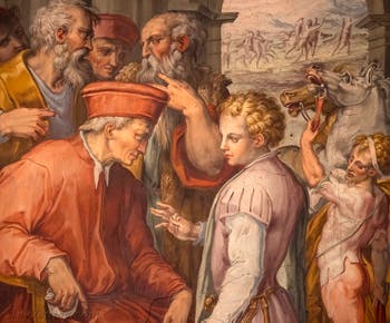 Giorgio Vasari, Cosme l’Ancien révèle à Sante Bentivoglio son origine pour gouverner Bologne, salle Cosme l'Ancien au Palazzo Vecchio à Florence en Italie.
