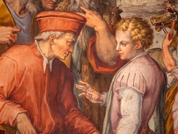 Giorgio Vasari, Cosme l’Ancien révèle à Sante Bentivoglio son origine pour gouverner Bologne, salle Cosme l'Ancien au Palazzo Vecchio à Florence en Italie.