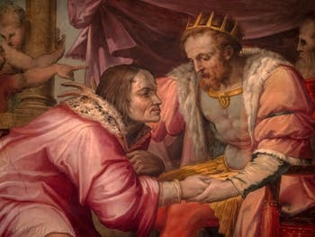 Giorgio Vasari, Laurent le Magnifique se rend à Naples voir le Roi Ferdinand d’Aragon, salle Laurent de Médicis au Palazzo Vecchio à Florence en Italie.