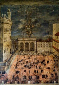Giovanni Stradano, Feux de la saint Jean sur la Piazza della Signoria en 1558, Palazzo Vecchio, Florence Italie