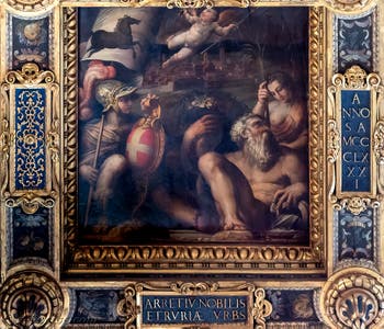 Giorgio Vasari et Giovanni Stradano et et Giovanni Battista Naldini, Allégorie d’Arezzo, Plafond de la Salle des Cinq-Cents du Palazzo Vecchio à Florence.