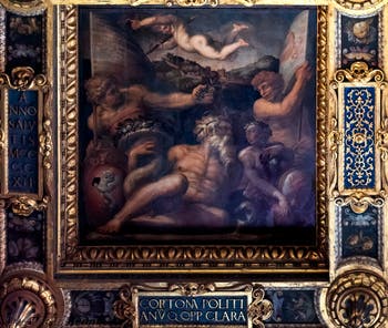Giorgio Vasari et Giovanni Stradano, Allégorie de Cortona et Montepulciano, Plafond de la Salle des Cinq-Cents du Palazzo Vecchio à Florence.