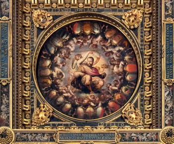 Giorgio Vasari et Giovanni Battista Naldini, L’Apothéose de Cosme Ier de Médicis au plafond de la Salle des Cinq-Cents du Palazzo Vecchio à Florence en Italie