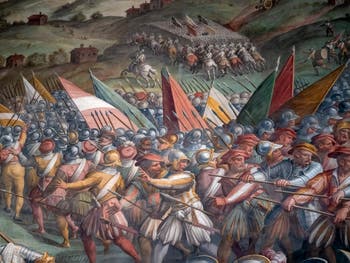 Giorgio Vasari, Bataille de Marciano ou Scannagallo à Val di Chiana, Cerca Trova, qui Cherche Trouve, le mystère de la bataille d'Anghiari de Léonard de Vinci dans la salle des Cinq-Cents du Palazzo Vecchio à Florence en Italie.