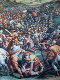 Giorgio Vasari, Bataille de Marciano ou Scannagallo à Val di Chiana, Cerca Trova, qui Cherche Trouve, le mystère de la bataille d'Anghiari de Léonard de Vinci dans la salle des Cinq-Cents du Palazzo Vecchio à Florence en Italie.