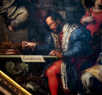 Giorgio Vasari et Giovanni Stradano, Le Duc Cosme Ier de Médicis étudie la prise de Sienne, au plafond de la Salle des Cinq-Cents du Palazzo Vecchio à Florence en Italie