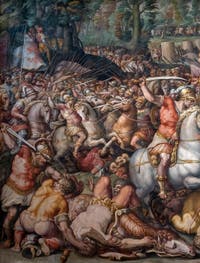 Giorgio Vasari et Giovanni Battista Naldini, Guerre de Pise et défaite des Pisans à la tour de San Vincenzo, Salle des Cinq Cents du Palazzo Vecchio à Florence en Italie