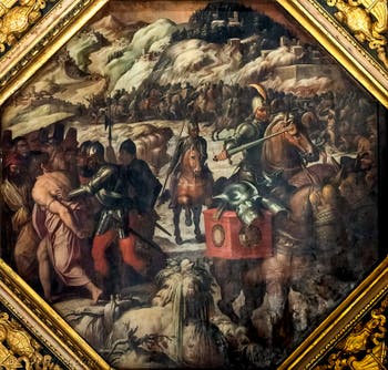 Giorgio Vasari et Giovanni Stradano, Défaite des Vénitiens à Casentino, Plafond de la Salle des Cinq-Cents du Palazzo Vecchio à Florence.
