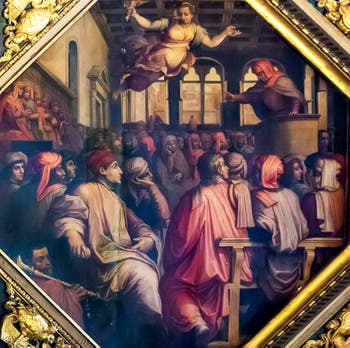 Giorgio Vasari et Giovanni Stradano, Délibération sur la Guerre de Pise et harangue d'Antonio Giacomini Plafond de la Salle des Cinq-Cents du Palazzo Vecchio à Florence.