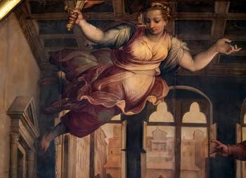Giorgio Vasari et Giovanni Stradano, Délibération sur la Guerre de Pise et harangue d'Antonio Giacomini Plafond de la Salle des Cinq-Cents du Palazzo Vecchio à Florence.
