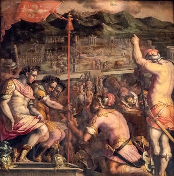 Giorgio Vasari et Giovanni Stradano, La Fondation de Florence Colonie Romaine, au plafond de la Salle des Cinq-Cents du Palazzo Vecchio à Florence en Italie