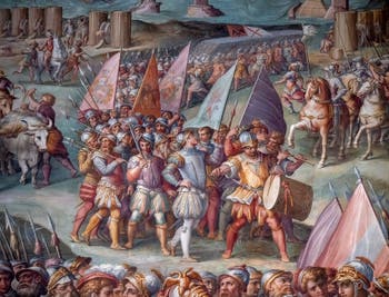 Giorgio Vasari et Giovanni Battista Naldini, Guerre de Pise et levée du siège de Livourne par l'empereur du Saint-Empire Maximilien I, Salle des Cinq-Cents du Palazzo Vecchio à Florence en Italie