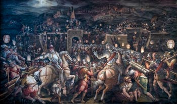 Giorgio Vasari et Giovanni Battista Naldini, Guerre de Sienne et prise du fort de la Porta Camollia, Salle des Cinq-Cents du Palazzo Vecchio à Florence en Italie