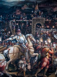 Giorgio Vasari et Giovanni Battista Naldini, Guerre de Sienne et prise du fort de la Porta Camollia, Salle des Cinq-Cents du Palazzo Vecchio à Florence en Italie