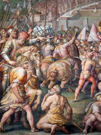 Giorgio Vasari et Giovanni Battista Naldini, Guerre de Pise et prise de la forteresse de Stampace à Pise, Salle des Cinq-Cents du Palazzo Vecchio à Florence en Italie