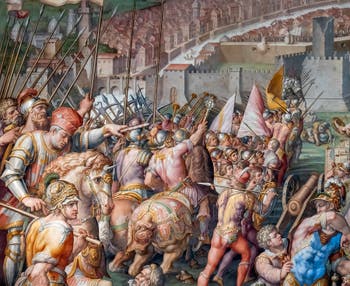 Giorgio Vasari et Giovanni Battista Naldini, Guerre de Pise et prise de la forteresse de Stampace à Pise, Salle des Cinq-Cents du Palazzo Vecchio à Florence en Italie