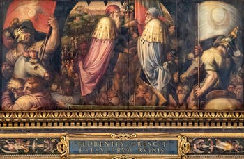 Giorgio Vasari et Giovanni Stradano, Union de Florence et Fiesole, Plafond de la Salle des Cinq-Cents du Palazzo Vecchio à Florence.
