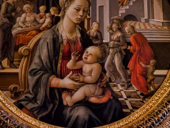 Filippo Lippi, Vierge à l'Enfant, naissance de la Vierge, rencontre avec ses parents, 1452-1455, galerie Palatina Pitti, Florence Italie