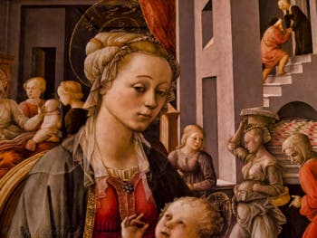 Filippo Lippi, Vierge à l'Enfant, naissance de la Vierge, rencontre avec ses parents, 1452-1455, galerie Palatina Pitti, Florence Italie