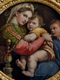 Raphaël, Vierge à l'Enfant et saint Jean-Baptiste enfant, la Madonna della Seggiola, 1512, Galerie Palatina Pitti, Florence Italie