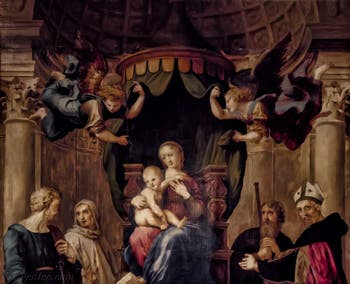 Raphaël, Vierge à l'Enfant en trône et saint Pierre et saint Bernard dite Vierge du Baldaquin, 1508, Galerie Palatina Pitti à Florence Italie