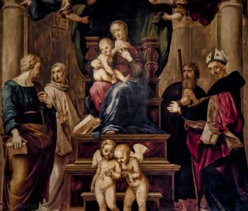 Raphaël, Vierge à l'Enfant en trône et saint Pierre et saint Bernard dite Vierge du Baldaquin, 1508, Galerie Palatina Pitti à Florence Italie