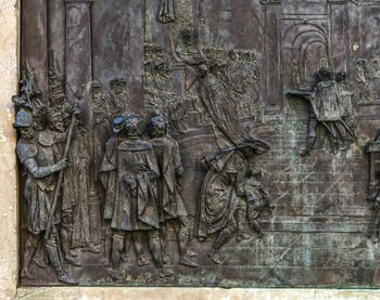 Giambologna, bas-relief du monument équestre de Cosimo Cosme Ier de Médicis, 1594-1598, Piazza della Signoria à Florence Italie