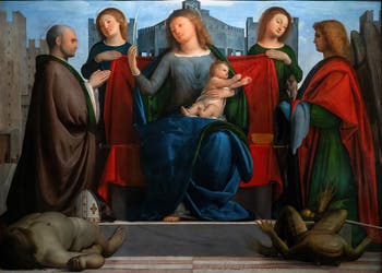 Bartolomeo Suardi dit Bramantino, La Madone des Tours - Vierge en trône avec l’Enfant entre saint Ambroise et saint Michel, à la Pinacothèque Ambrosiana à Milan