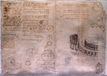 Leonard de Vinci, Études d’architecture et de géométrie dont une arène et le plan central d’une église, Codex Atlanticus, Ambrosiana Milan