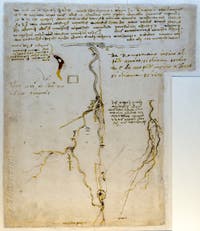 Leonard de Vinci, Dessins pour la canalisation de la Soudre en Cher et Loire avec des notes de Francesco Melzi, Codex Atlanticus, Ambrosiana Milan