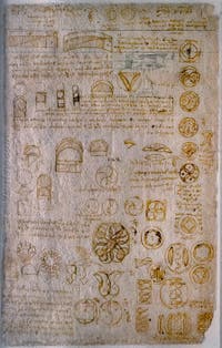 Leonard de Vinci, Croquis pour la construction d’une maison française et lunules, Codex Atlanticus, Ambrosiana Milan