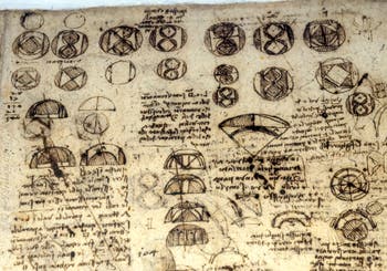 Leonard de Vinci, Lunules et croquis architecturaux ainsi qu’une tête de lion rugissant, Codex Atlanticus, Ambrosiana Milan