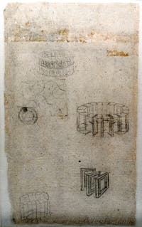 Leonard de Vinci, Roue hydraulique et éléments de Structure, étude pour une arène, Codex Atlanticus, Ambrosiana Milan