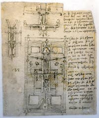 Leonard de Vinci, Système de valves pour une fontaine à Amboise avec trois dessins et annotations, Codex Atlanticus, Ambrosiana Milan