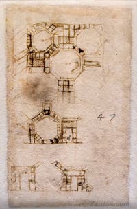 Leonard de Vinci, Planimétrie pour un édifice religieux avec cours et tours octogonales, Codex Atlanticus, Ambrosiana Milan