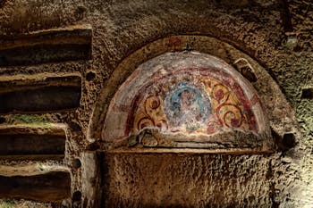 Fresque d'Heleunisius, catacombes de San Gennaro à Naples en Italie