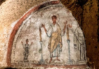 Fresque représentant San Gennaro avec Nicaziola et Cominia, catacombes de San Gennaro à Naples en Italie