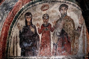 Fresque de la tombe de Theotecnus, Hilaritas et Nonnosa, catacombes de San Gennaro à Naples en Italie