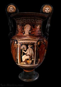 Cratère à volutes, Défunte au sein du naiskos et des offrants et femmes de part et d'autre d'une stèle funéraire, Gallerie d'Italia Zevallos à Naples en Italie