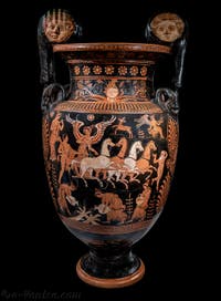Cratère apulien à volutes, à figures rouges, Apothéose d'Hercule, scène de komos dionysiaque, Gallerie d'Italia Zevallos à Naples en Italie