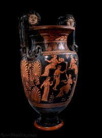 Cratère apulien à volutes, à figures rouges, Apothéose d'Hercule, scène de komos dionysiaque, Gallerie d'Italia Zevallos à Naples en Italie