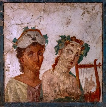 Fresque Acteur et joueuse de cithare, Herculanum, Basilica-Teatro, Musée Archéologique de Naples