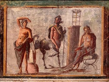 Fresque Apollon, Chiron et Asclepios, Pompéi, Insula Occidentalis, Musée Archéologique de Naples
